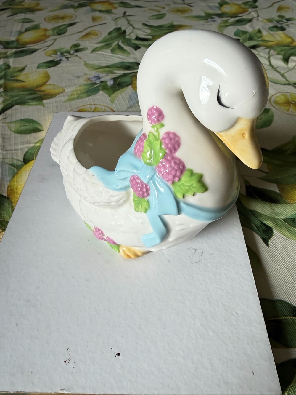 White Ceramic goose Planter with Pastel Bow and Floral Accents